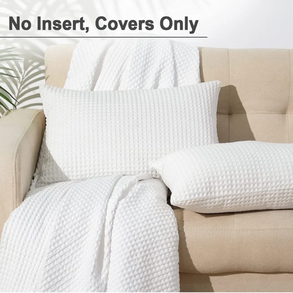 Luxury Home | Coastal Chic Bright White Waffle Knit Lumbar Throw Pillow Covers